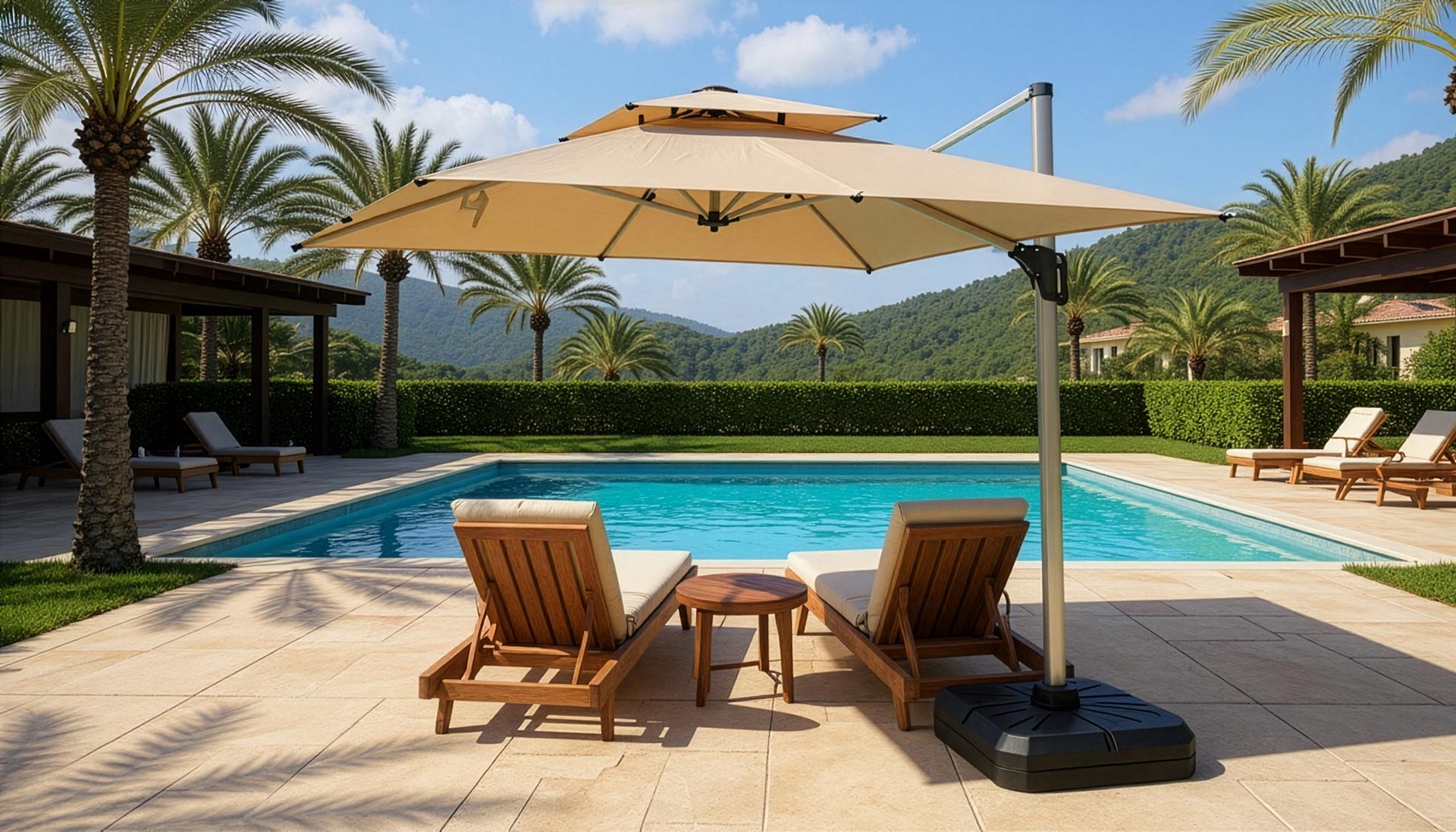 Ombrelone Apikatu Lateral Cantilever 3x3m Quadrado, UPF50+, Duplo Teto, Base com Rodas - Cor Caqui
