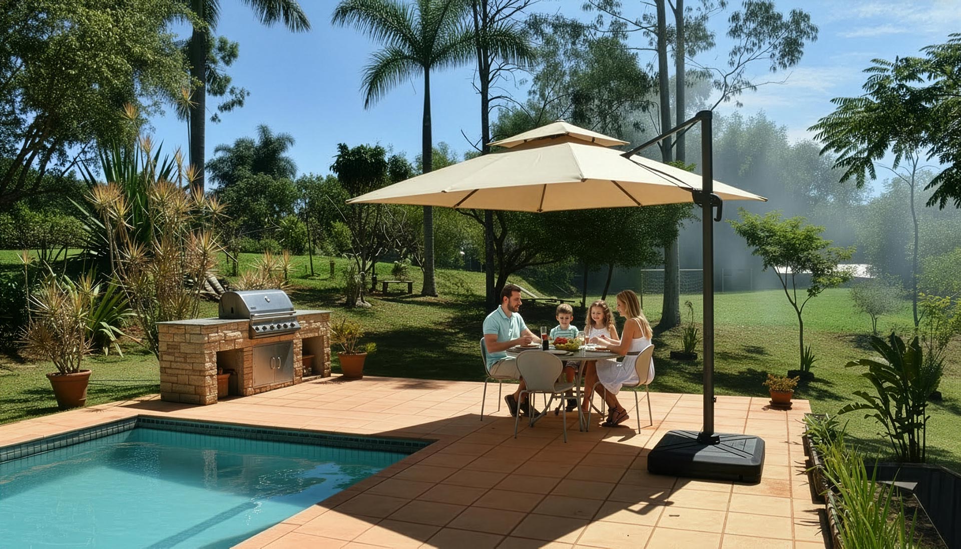 Guraraciaba Ombrelone Lateral Cantilever 3x3m Quadrado, UPF50+, Duplo Teto, Base com Rodas - Cor Caqui