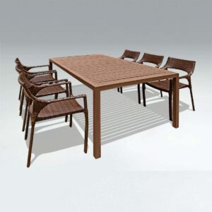 Conjunto de Mesa de Jantar Jade composto por uma mesa de jantar retamgular com tampo em alumínio ripado e 6 cadeiras